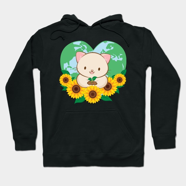 Love Our Planet Cute White Cat and Sunflowers Kawaii Earth Day Hoodie by Irene Koh Studio
